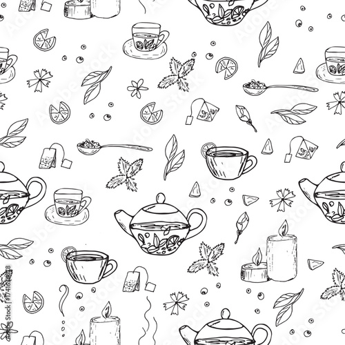 Seamless tea pattern with teapot, cup, lemon, herbal leaves, tea bag, candle. Hand drawn doodle style illustration for packaging, textile, wallpaper, kitchen design
