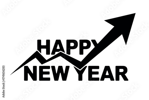 Happy new year text with upward trending arrow in black and white style