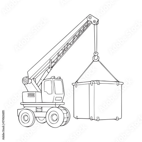 Whimsical crane lifts a container with precision, a playful illustration perfect for children's books, construction themes, or logistics education, originally a scalable graphic