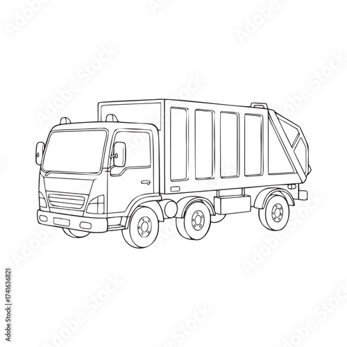 Detailed outline of a garbage truck ready to be colored, perfect for educational resources or children's activity books, waste management concepts, sanitation trucks, simple line drawing