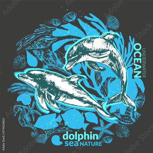 Vector sea animals background. SDolphins sketch with shells, seaweed, starfish, seahorse, sea turtle, corals silhouettes.