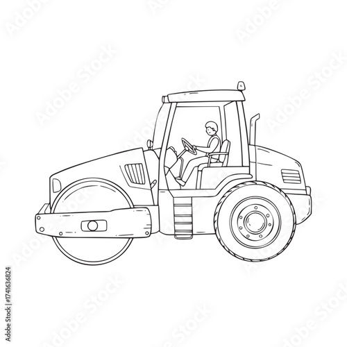 Line art illustration of a road roller with a driver, ideal for construction themed coloring books or educational resources about infrastructure and machinery, scalable vector graphic