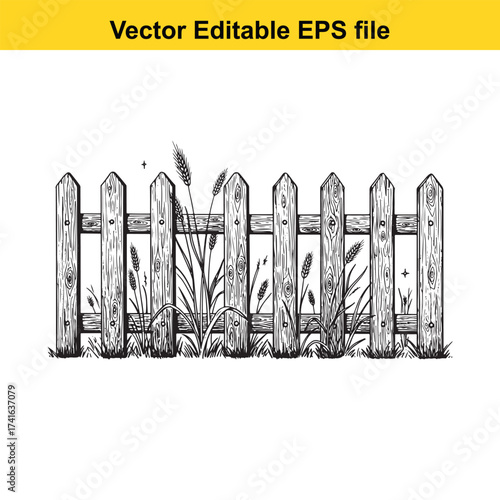 Vector art of hand drawn illustration of a wooden fence with grass and wheat