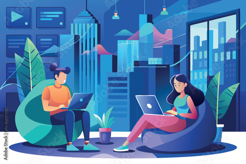 Vector art of young professionals working on laptops in a modern office with city view