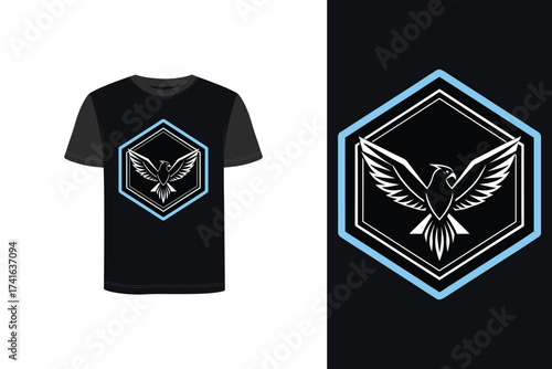 Tshirt mockup t-shirt with hawk logo inside blue hexagon bird falcon