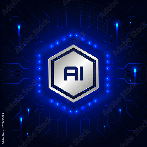 Digital AI Symbol on Circuit Board: A futuristic digital rendering showcases an AI symbol at the core of a complex circuit board.