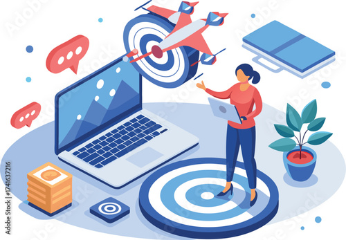 Vector art of isometric illustration of a woman using a laptop and drone for business