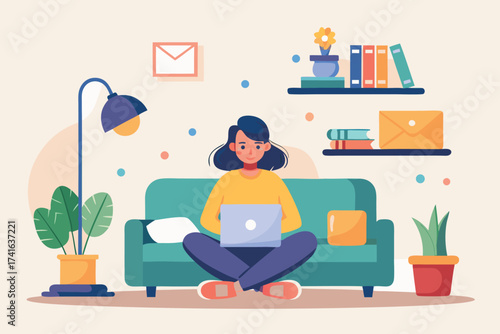 Vector art of young woman sitting on sofa and using laptop for remote work