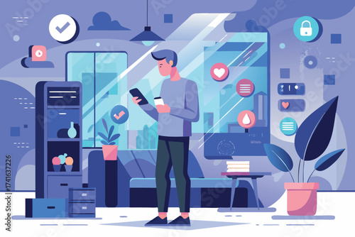 Vector art of man using smartphone at home with social media notifications and online communication concept vector illustration
