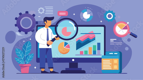 Vector art of man analyzing data on computer screen with magnifying glass vector illustration