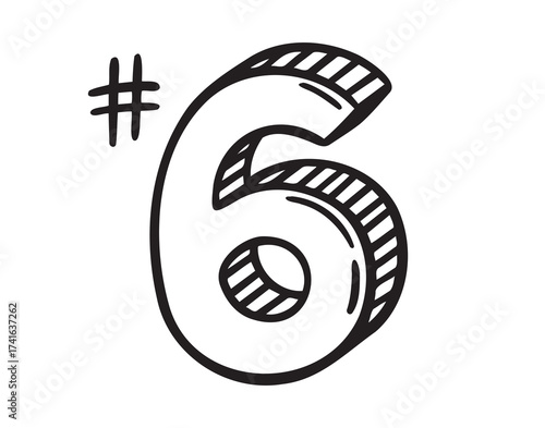 place number six or number 6 doodle hand drawn icon. Outline drawing number 6th place line clipart symbol.