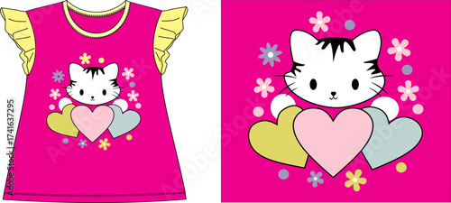 Kitten hearts and flowers t-shirt graphic design vector illustrtation
