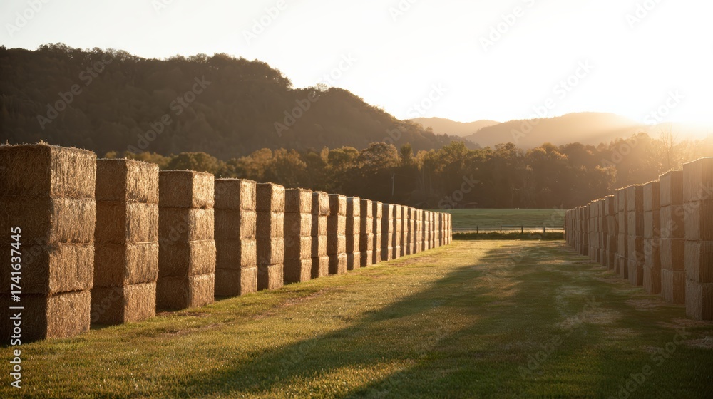 Obraz premium Rural landscape featuring hay bales at sunset with lush green fields and rolling hills