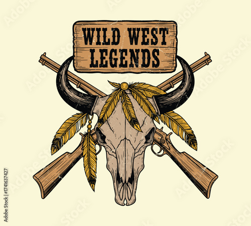  Bull Skull with Feathers and Rifles – Wild West Legends Vintage Western Illustration
