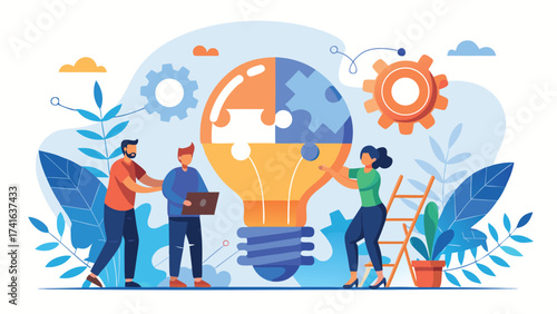 Vector art of teamwork and collaboration concept with people putting puzzle pieces together to form a light bulb idea