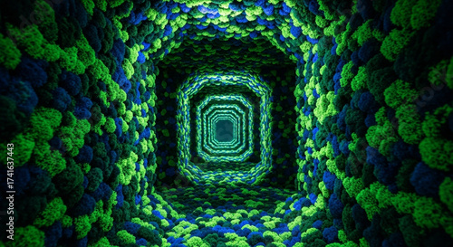 Vibrant neon tunnel of moss, a mesmerizing journey into abstract wonder and digital art innovation
