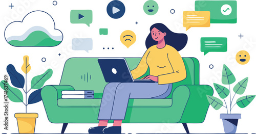 Vector art of woman working on laptop at home sitting on sofa with social media icons and cloud around her