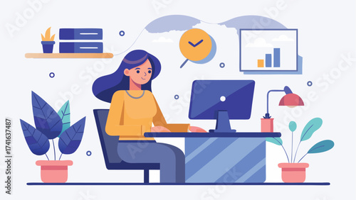 Vector art of a woman is working on a computer at her desk in a bright office, focused on her tasks and deadlines