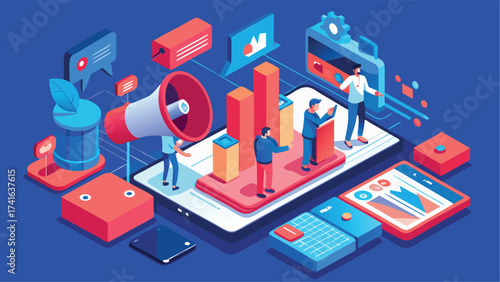 Vector art of isometric illustration of business analysis and marketing strategy on a mobile phone screen