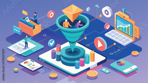 Vector art of isometric illustration of a sales funnel with people, data analysis and conversion rate optimization