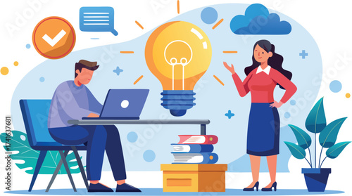 Vector art of creative team working on new idea, brainstorming and developing innovative solutions at workplace