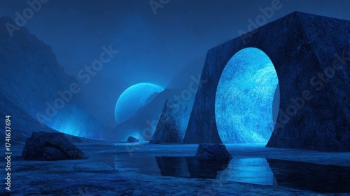 Mystical blue landscape with giant stone portals in a surreal environment