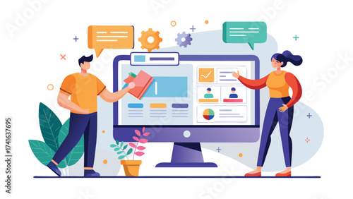 Vector art of man and woman are working on a website development teamwork concept illustration