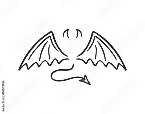 demon wings, sharp tail and horns doodle hand drawn icon set. Outline drawing demon wings, sharp tail and horns line clipart symbol collection
