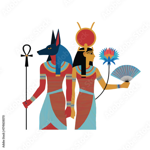 Egyptian Gods Anubis and Hathor in a Modern Flat Design, a Stylized Illustration of Mythological Deities, Cultural Icons from the Ancient Nile Valley Civilization