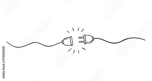 Plug inserting into electric outlet. Power socket disconnect doodle hand drawn icon. Outline drawing 404 error connection concept line clipart symbol
