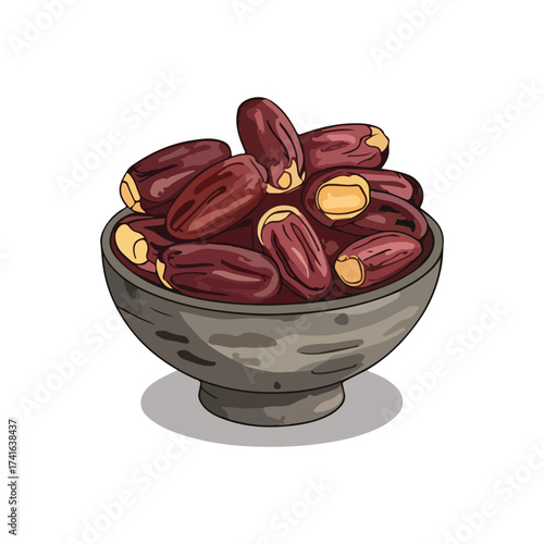 Bowl of Ripe Dates, a Traditional Arabic and Middle Eastern Food, Hand-drawn Vector Illustration, Symbol of Ramadan Iftar, Hospitality, and Healthy Desert Fruit