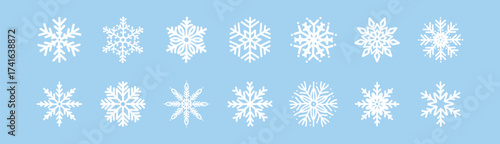 White snowflakes set on blue background. Winter holiday decoration for Christmas and New Year. Festive frosty elements in minimal flat vector style. Isolated seasonal symbols illustration.