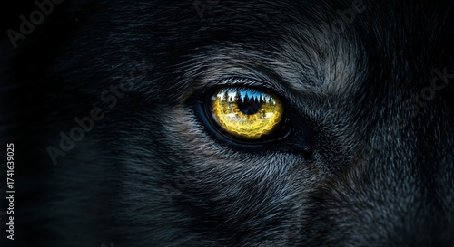 An intense hyperrealistic extreme closeup macro shot of a wolf's striking golden eye with a detailed reflection of trees and a blue sky, set against dark, textured fur.