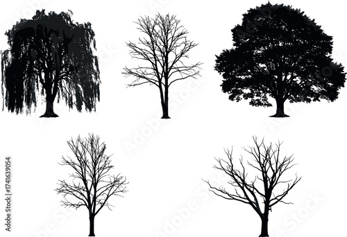Silhouette collection of diverse tree shapes including bare branches, leafy canopies, and weeping willow forms for nature-themed vector design