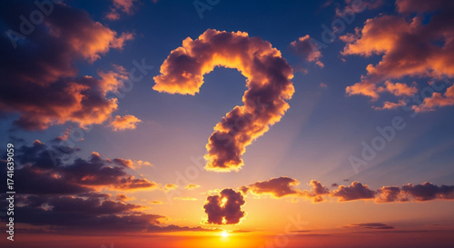 Dramatic question mark cloud formation illuminates vibrant sunset sky symbolizing mystery and wonder