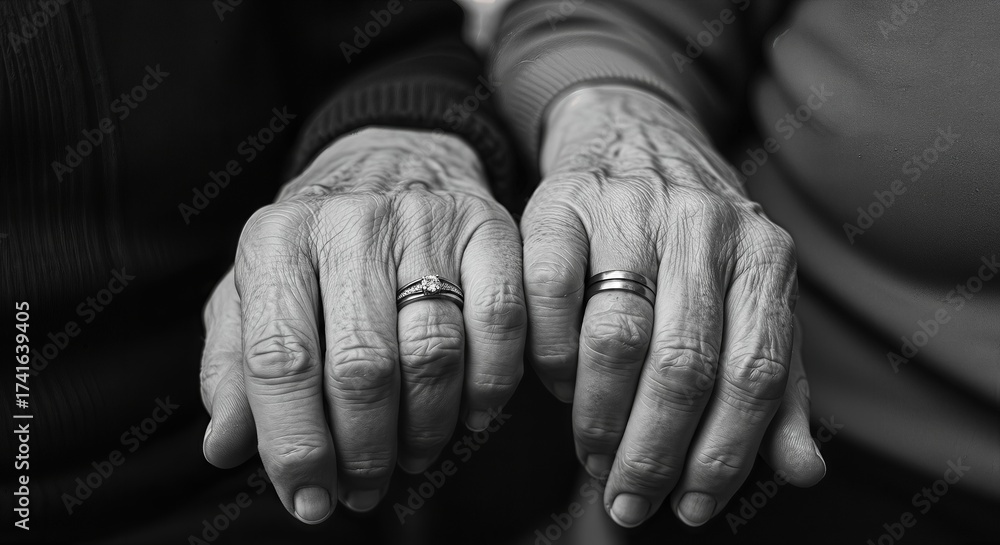 Fototapeta premium Senior man and woman hands with rings. Old couple celebrate marriage anniversary. Love, relationship, family time, elderly care concept.