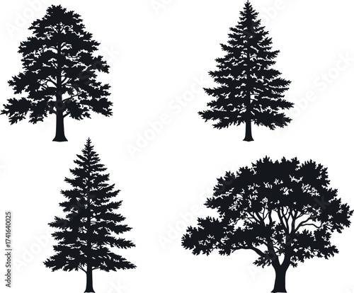 Silhouette set of conifer and deciduous trees isolated on white background for nature, forest, landscape, and botanical vector design