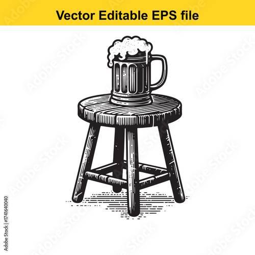 Vector art of old wooden stool with a foamy beer mug
