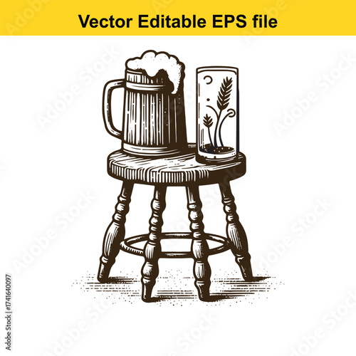 Vector art of beer mug and glass on a wooden stool