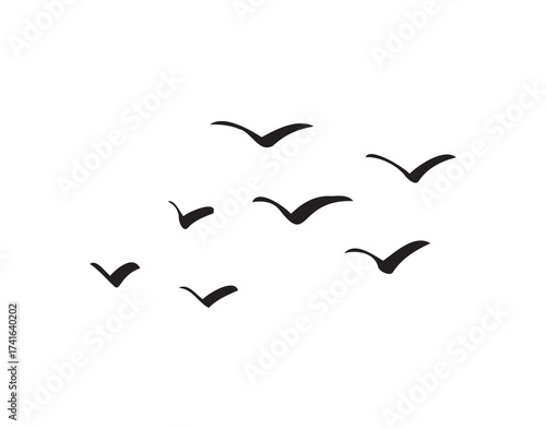 Birds flying line in the sky set. Ink grunge flock of birds afar brush hand drawn. markers and crayons