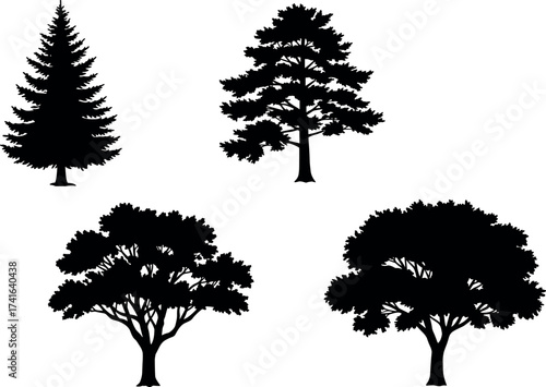 Silhouette set of diverse tree shapes including coniferous, deciduous, and ornamental species for nature, forestry, and landscape design themes.