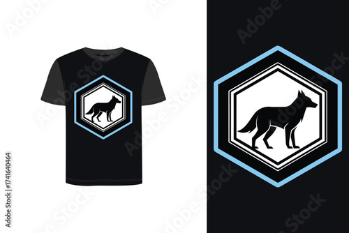 Tshirt mockup wolf silhouette inside a blue hexagon badge t-shirt animal
