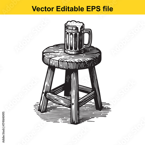 Vector art of a wooden mug of beer with foam