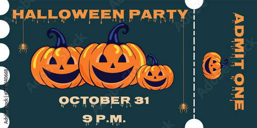 Halloween party ticket vector. Ticket design with pumpkins.