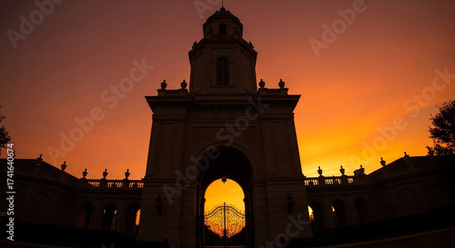 Majestic gatehouse silhouette against a breathtaking fiery sunset, evoking grandeur and timeless beauty for architectural or travel inspiration.