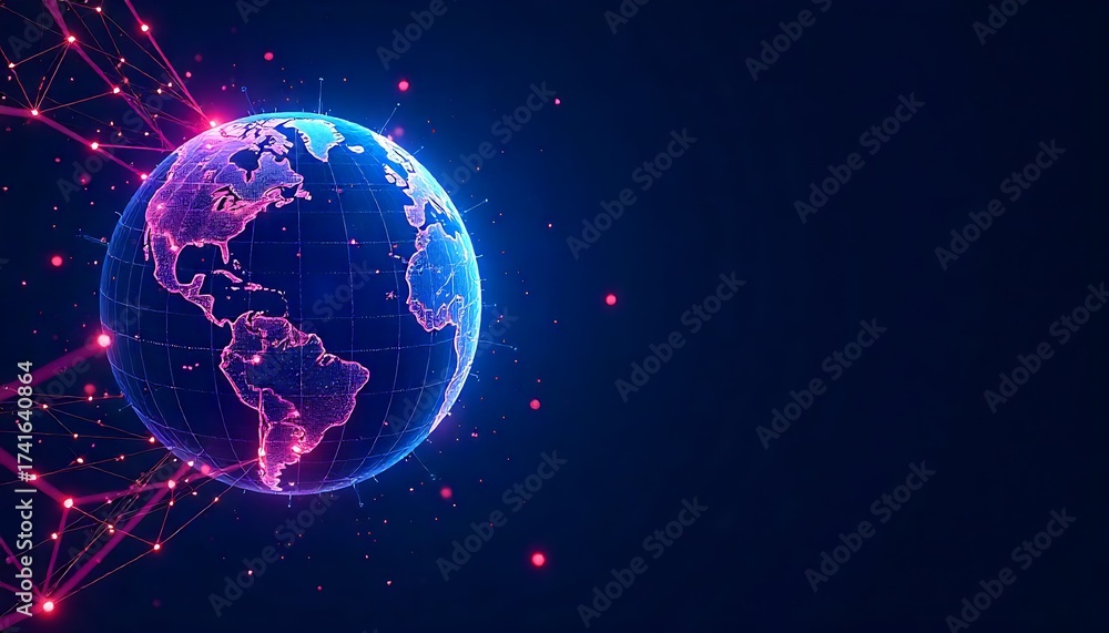 Obraz premium Futuristic Digital Globe with Global Network Connections, Digital Earth with Glowing World Map, Technology Background, and Blue Plexus Lines
