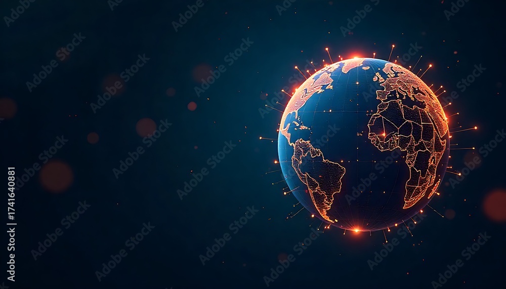 Fototapeta premium Futuristic Digital Globe with Global Network Connections, Digital Earth with Glowing World Map, Technology Background, and Blue Plexus Lines