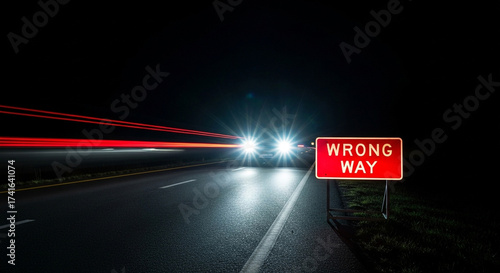Dynamic night highway scene with glowing 'Wrong Way' sign and car headlights creating light streaks, conveying urgency and decision.