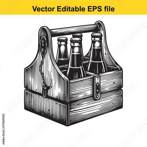 Vector art of wooden fourpack carrier with bottles
