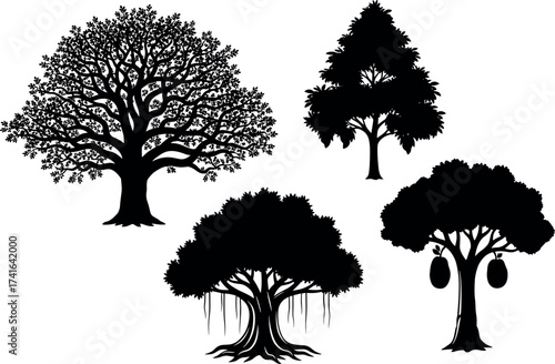 Silhouette set of tropical and temperate trees with unique foliage, canopy shapes, and botanical diversity for nature-themed vector design.